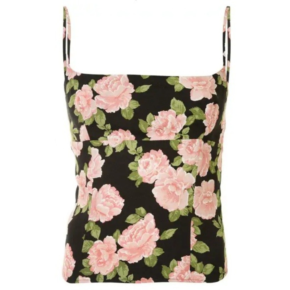 Reformation Women Black Pink Floral Rose Cami Top Smocked Back Size 0